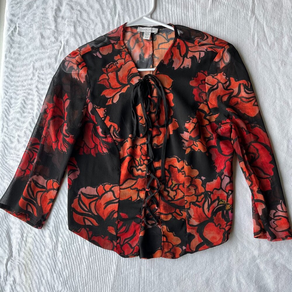 Topshop Red and Black Sheer floral front tied blouse